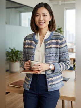 Cambridge Dry Goods Wool Fair Isle Nordic Cardigan Sweater Metal Clasp L boho